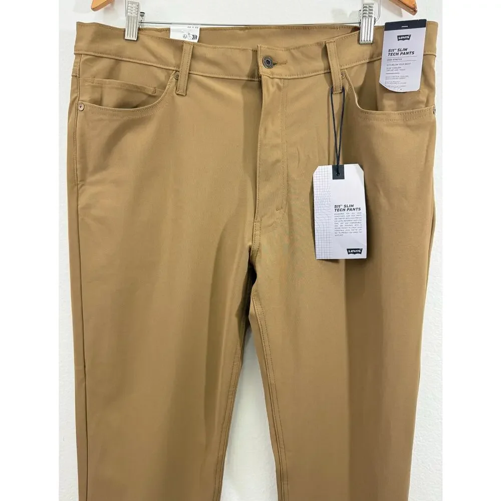NWT Levi’s 511 Slim Tech Pants Mens 38x32 Brown Walnut High Stretch Performance